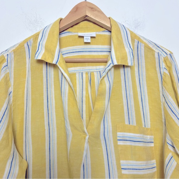 J. Jill Love Linen Striped Long Sleeve Popover Shirt Yellow White Coastal Beachy - Picture 3 of 13